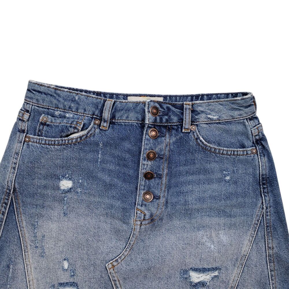 Free People We The Free Mini Jean Skirt Womens 27 Denim Distressed Button Fly - Picture 3 of 10